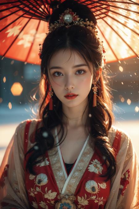 37487-4033206511-Warm Snow,1girl,solo,umbrella,oil-paper umbrella,blurry,looking at viewer,hair ornament,red lips,upper body,black hair,chinese c.png